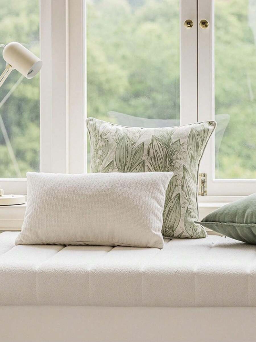 1入現代輕奢淡奶油色和抹茶綠色裝飾性枕套,法式極簡主義坐墊套,適用於客廳沙發床,帶有隱藏拉鍊和垂直條紋腰墊,乳白色 - 方格白色 - 查看 1