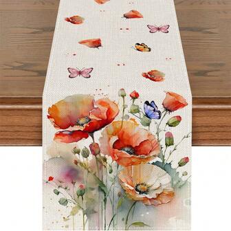 1pc Spring Red Poppy Flower Table Runner, Watercolor Patriotic Floral Butterfly Home Kitchen Botanical Decor, Memorial Day Summer Seasonal Farmhouse Dining Anniversary Decorations