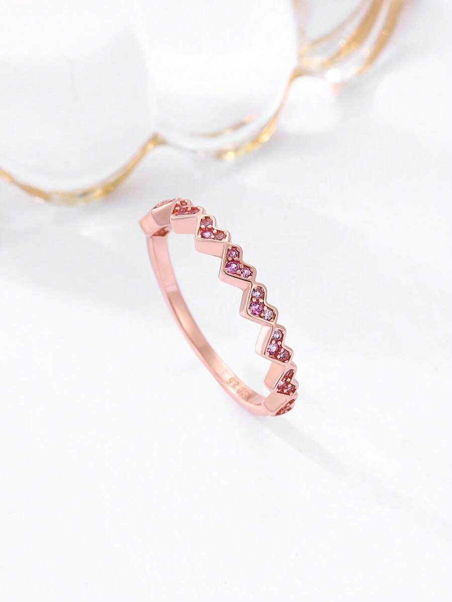 1 Stück S925 Sterling Silberring für Frauen, pinker Herzförmiger Cubic Zirkonia & Strass Dekor, Roségold plattiert, außergewöhnliches Design, Herz Diamantring für Hochzeit, Party, tägliche Abnutzung. Kann als Geschenk für die Mutter, Freundin, Freunde oder Geburtstag oder andere besondere Anlässe gegeben werden.