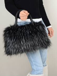 Nova bolsa de pulso felpuda para mulheres, bolsa de inverno grande e fofa, bolsa de ombro da moda, preta, bolsa de pele recém-chegada, bolsa de pele recém-chegada para mulheres - Preto e Branco - Ver 8