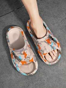 Men's Comfortable Simple Print Slide Sandals With Thick Soles And Open Toe, Breathable - Khaki - View 1