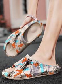 Men's Comfortable Simple Print Slide Sandals With Thick Soles And Open Toe, Breathable - Khaki - View 2