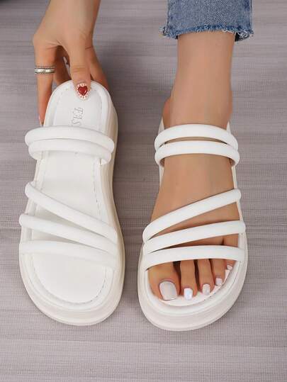 Ladies Minimalist White Thick-Soled Sandals With Multiple Thin Straps