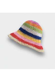 女士彩虹編織漏斗帽，夏季透氣防曬漏斗帽，帶條紋的韓國風邊緣帽子，提拉臉部波西米亞風格 - 頭圍56-58cm - 查看 11