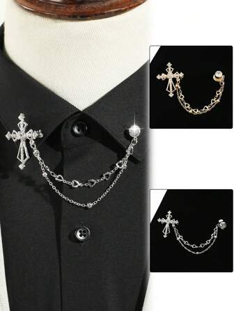 1pc Men's Fashionable Crystal Decor Cross Shape Tassel Design Collar Pin, Suitable For Party & Festival Gifts Valentine's Day