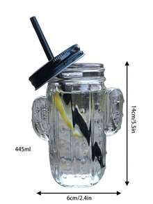 1pc Creative Cactus Glass Cup With Lid And Straw For Cold Drinks, Juice - Clear - View 4