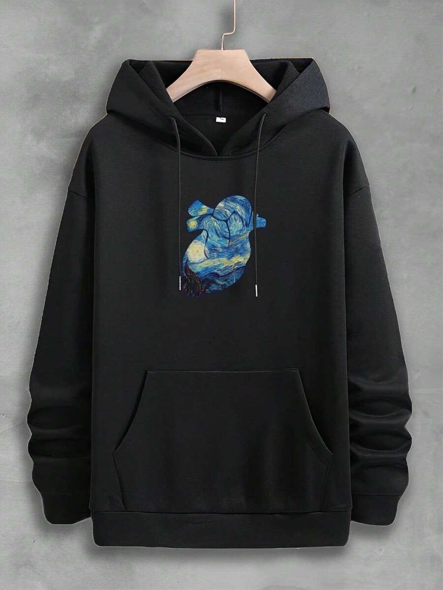 Blusa de Frio Moletom Canguru Masculino Van Gogh Arte Coração - Preto - Visão 1