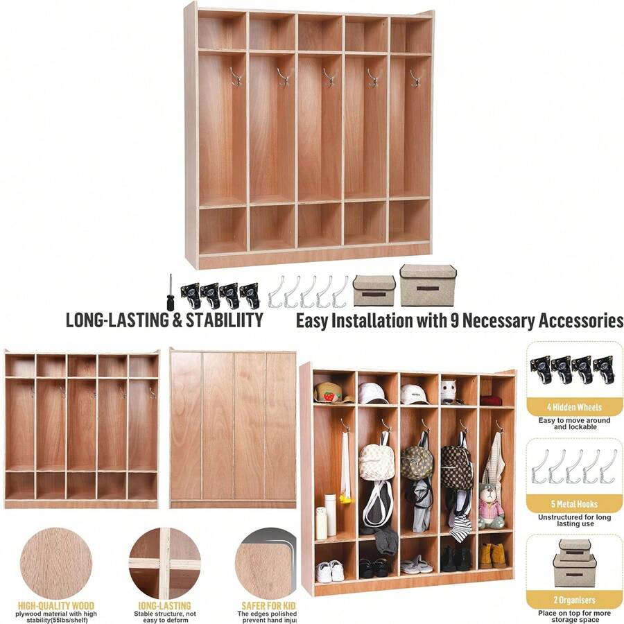 Classroom Coat Locker With 10 Cubbies, Glazed Finish, 4 Casters, Hooks