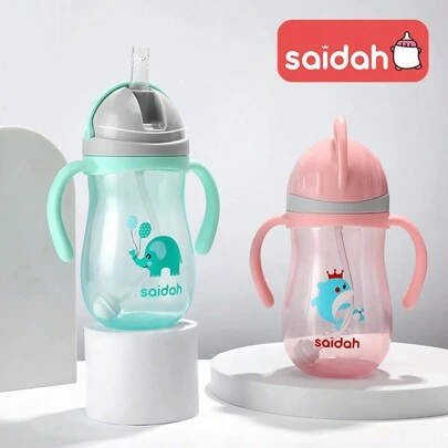 SAIDAH 11.83Oz 350ml V Shape Straw Sippy Cup Infant Baby Slide Lid Training Drinking Water Bottle Cups Cartoon Style Pattern Design