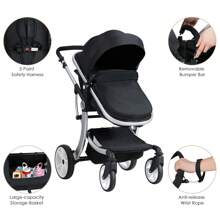 Baby Pushchair, Foldable Infant Stroller With Rain Cover, Mosquito Net, Carry Bag, Adjustable Backrest/Handle/Canopy, Convertible Buggy Pram For 0-3 Years - Black - View 4