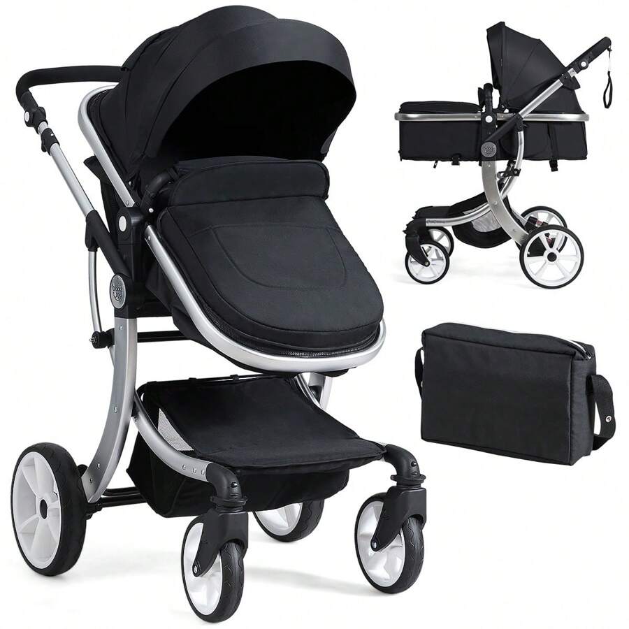 Baby Pushchair, Foldable Infant Stroller With Rain Cover, Mosquito Net, Carry Bag, Adjustable Backrest/Handle/Canopy, Convertible Buggy Pram For 0-3 Years - Black - View 1