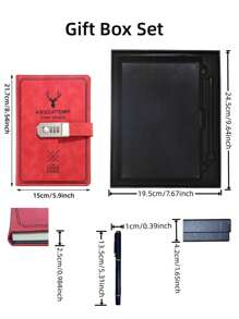 A5 Vintage Password Locked Diary With Thick Creative Notebook For Students, Stationery Notebook With Lock - Red Notebook + Black Gift Box + Pen - View 2