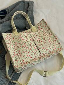 春夏新款花卉和波尔卡圆点印花度假时尚女士手提包，适合工作、电脑和文件，配有肩带，简单甜美的日常购物袋，采用多口袋设计和大容量大容量，周末包，周末过夜包，文学购物袋和书包，适合女性或学生，非常适合书籍、购物和更多书籍手提包轻巧、便携、大容量、行李带设计、笔记本电脑隔层，适合青少年女孩女大学生，非常适合返校、大学、初中、高中 - 白色 - 查看 7