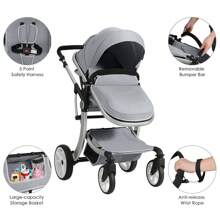Baby Pushchair, Foldable Infant Stroller With Rain Cover, Mosquito Net, Carry Bag, Adjustable Backrest/Handle/Canopy, Convertible Buggy Pram For 0-3 Years - Grey - View 5