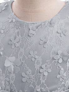 Váy hoa bé gái cổ tròn tay dài phối ren lưới 3D nơ hoa thanh lịch cho tiệc trang trọng, sinh nhật, không bao gồm băng đô - Xám - Xem 5