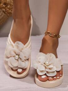 New Thick-Sole Slippers For Summer, Comfortable Flip-Flop Style With Toe Separator For Outdoor Use, Solid Color Plus Size 36-45, Flower & Pearl Decorated Beach Sandals