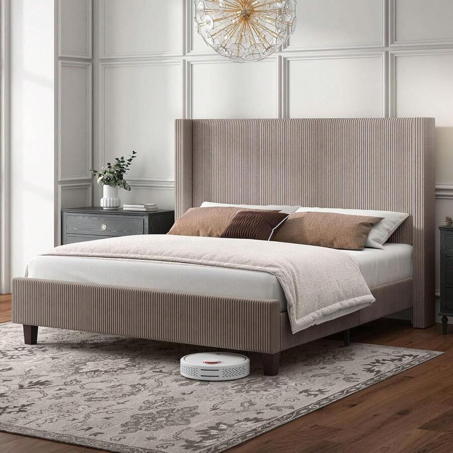 Corduroy Upholstered Platform Bed Frame – 50.8" Wingback Headboard, Solid Wood Legs, No Box Spring Needed, Noise-Free Design,Taupe - Khaki - View 1
