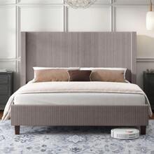 Corduroy Upholstered Platform Bed Frame – 50.8" Wingback Headboard, Solid Wood Legs, No Box Spring Needed, Noise-Free Design,Taupe - Khaki - View 2