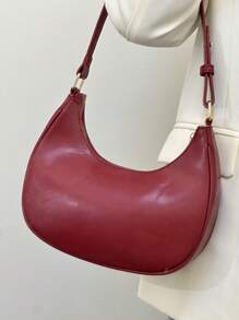 新款时尚新月形哑光纹理休闲百搭单肩包，适合日常通勤，可拆卸肩带，女士时尚新月包，时尚勃艮第包 - 酒紅色 - 查看 2