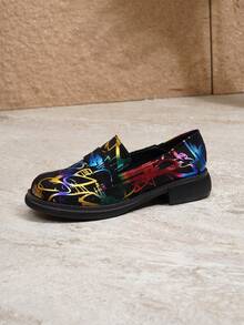 女士專利皮革方頭塗鴉風瑪莉珍鞋,厚底綁帶休閒鞋,鞋底和鞋面柔軟舒適 - 黑色 - 查看 7