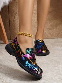 女士專利皮革方頭塗鴉風瑪莉珍鞋,厚底綁帶休閒鞋,鞋底和鞋面柔軟舒適 - 黑色 - 查看 2