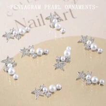 5入組星星月亮元素珍珠指甲貼片輕奢風格微雕鋯石指甲裝飾DIY美甲魅力指甲裝飾指甲用品 - 銀色 - 查看 2