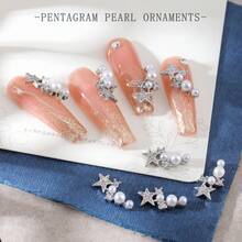 5入組星星月亮元素珍珠指甲貼片輕奢風格微雕鋯石指甲裝飾DIY美甲魅力指甲裝飾指甲用品 - 銀色 - 查看 5