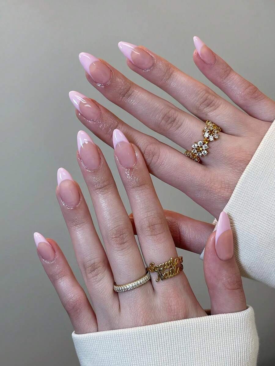 24入長形杏仁式法式粉紅尖頭壓花指甲，完美適配中長度設計虛假指甲套裝，含1入果凍膠和1入指甲文件，適合女性和女孩日常生活和派對使用的指甲用品 - 彩色 - 查看 1