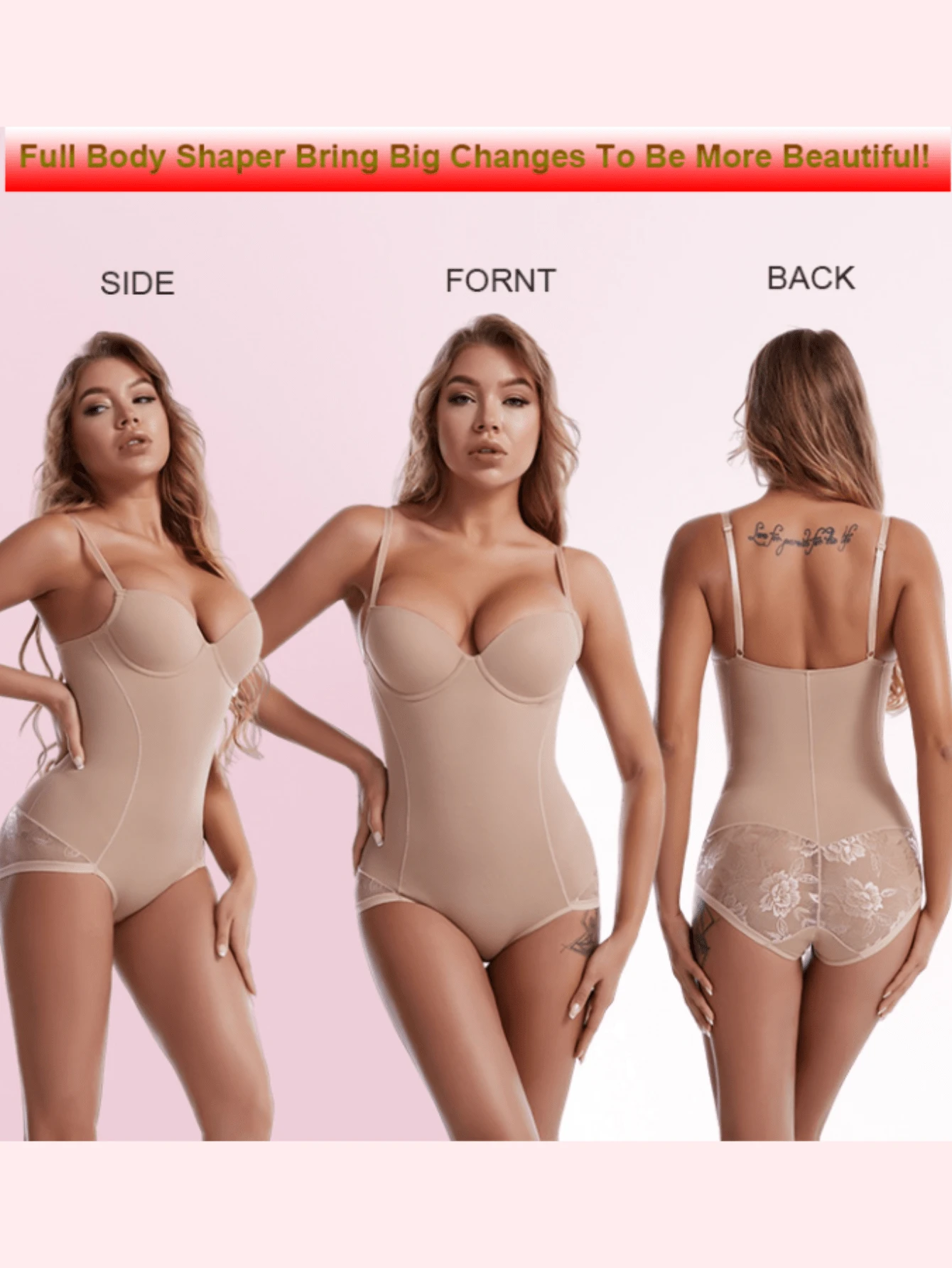 1pc Lace Trim Bodysuit Postpartum Shapewear With Built-In Bra Tummy Control - Beige - View 1