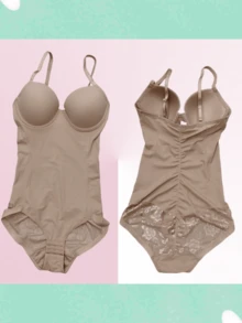1pc Lace Trim Bodysuit Postpartum Shapewear With Built-In Bra Tummy Control - Beige - View 3