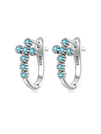 1Pair Genuine 925 Sterling Silver Blue Turquoise Cross Ear Buckles Stud Hoop Earrings For Women Party Engagement Fine Jewelry Gifts