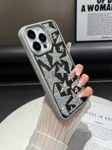 Apple 2000er Jahre Mode 1 Stück versilbertes Gehäuse mit Textur, Strass-besetzt, Spiegel & Stoßfest Hybrid Handyhülle mit großen & kleinen Stern-förmigen Strass kompatibel mit iPhone 14 Pro Max
