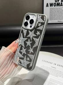 Apple 2000er Jahre Mode 1 Stück versilbertes Gehäuse mit Textur, Strass-besetzt, Spiegel & Stoßfest Hybrid Handyhülle mit großen & kleinen Stern-förmigen Strass kompatibel mit iPhone 14 Pro Max