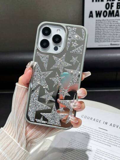 Y2k Apple 2000s Fashion 1pc Silver Plating Skin Texture Rhinestone Studded Mirror & Shockproof Hybrid Phone Case With Big & Small Star Shape Rhinestones Compatible With IPhone 14 Pro Max Waterproof Anti-Fall Scratch Resistant