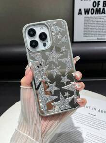 Apple 2000er Jahre Mode 1 Stück versilbertes Gehäuse mit Textur, Strass-besetzt, Spiegel & Stoßfest Hybrid Handyhülle mit großen & kleinen Stern-förmigen Strass kompatibel mit iPhone 14 Pro Max