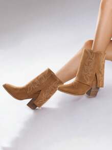 Women'S Cowboy Western Boots Pull On Fold Over Pointed Toe Chunky Heel  Embroidered Western Cowgirl Fashion Mid Calf Christmas Winter Boots - 棕色 - 查看 6