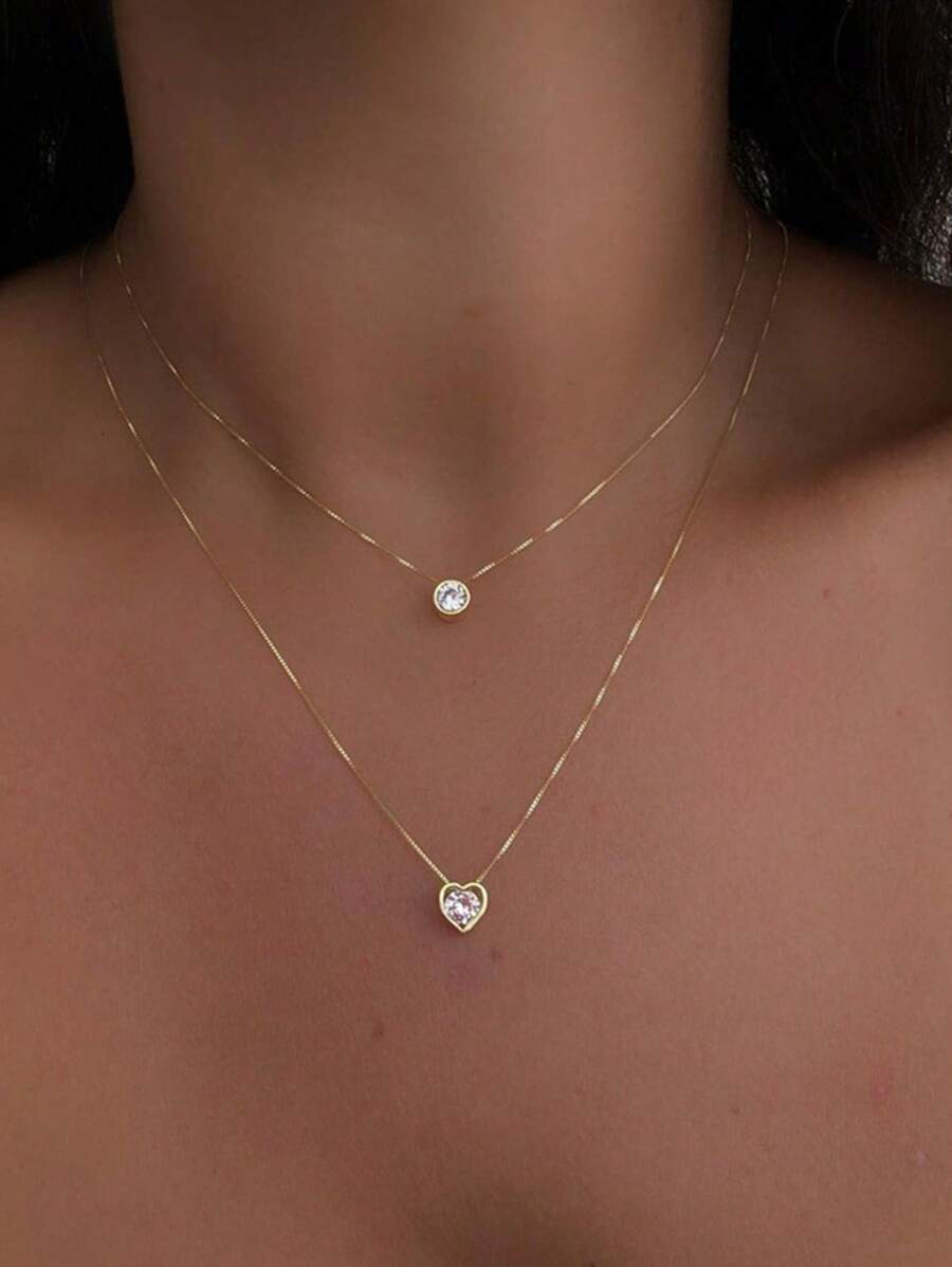 Double Layer Rhinestone Heart-Shaped Pendant Necklace For Women - Yellow Gold - View 1