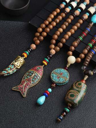 1PC Bohemian Vintage Beaded Sweater Chain Wooden Bead Necklace Long Accessories Decorative Pendant