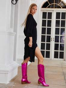 Women's Western Cowboy Boots Embroidered Pointed Toe Pull-On Retro Classic Knee High Cowgirl Boots - Màu đỏ hồng - Xem 3