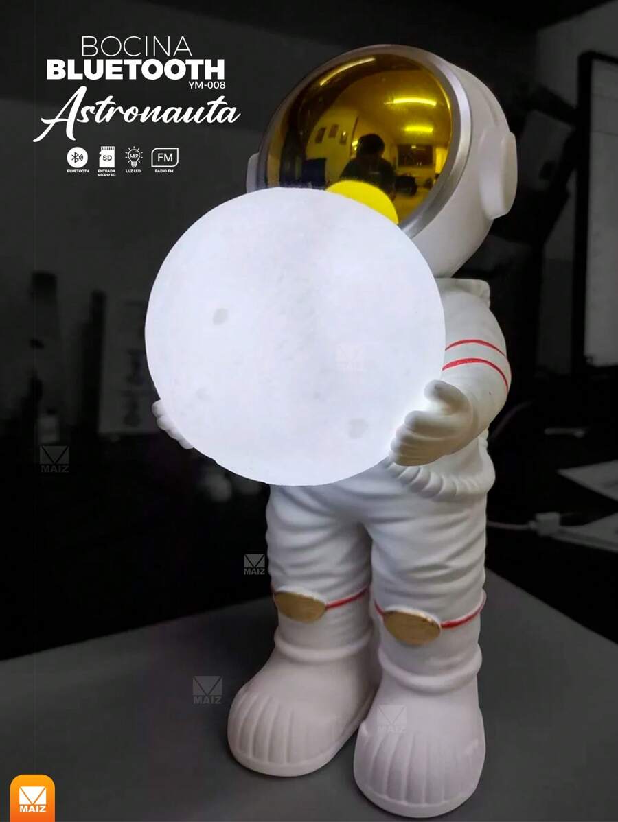 Bluetooth Speaker With Astronaut Design FM Radio Led Light - 白色 - 查看 1