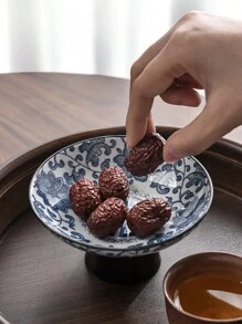 1 pièce Assiette à fruits vintage en céramique, assiette à gâteau et dessert bleu et blanc sur pieds hauts pour le salon, plat à collation en tant que cadeau de Noël souvenir
