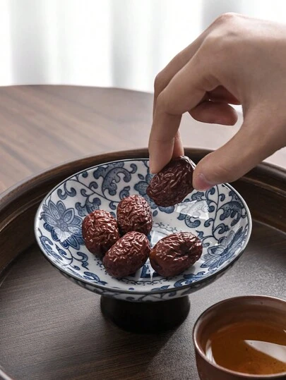 1pc Vintage Style Ceramic Fruit Plate, Blue And White Cake Dessert Plate With High Feet For Living Room, Snack Dish As Souvenir Christmas Gift