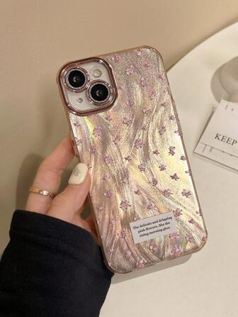 1pc Four Corners Shockproof Black & Pink Soft Tpu Case With Feather Pattern And Precise Cutout Compatible With IPhone