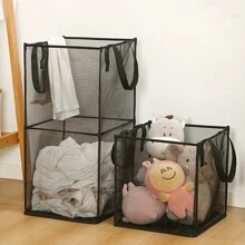 Double-Layer Mesh Laundry Basket For Bathroom, Multifunctional Foldable Dirty Clothes Container With Large Capacity, Navy Blue - Black - View 1