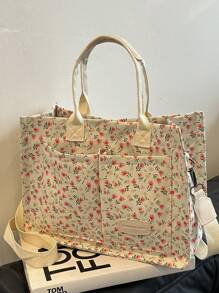 春夏新款花卉和波尔卡圆点印花度假时尚女士手提包，适合工作、电脑和文件，配有肩带，简单甜美的日常购物袋，采用多口袋设计和大容量大容量，周末包，周末过夜包，文学购物袋和书包，适合女性或学生，非常适合书籍、购物和更多书籍手提包轻巧、便携、大容量、行李带设计、笔记本电脑隔层，适合青少年女孩女大学生，非常适合返校、大学、初中、高中 - 白色 - 查看 5