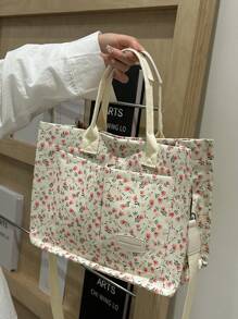 春夏新款花卉和波尔卡圆点印花度假时尚女士手提包，适合工作、电脑和文件，配有肩带，简单甜美的日常购物袋，采用多口袋设计和大容量大容量，周末包，周末过夜包，文学购物袋和书包，适合女性或学生，非常适合书籍、购物和更多书籍手提包轻巧、便携、大容量、行李带设计、笔记本电脑隔层，适合青少年女孩女大学生，非常适合返校、大学、初中、高中 - 白色 - 查看 4