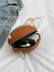 1pc Unisex Round Cylinder Football Shaped Crossbody Bag With Color Block Design, Letter Detail And Chain Strap, Suitable For Daily Use - Brown - View 7