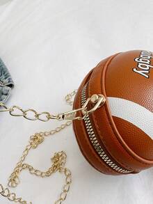 1pc Unisex Round Cylinder Football Shaped Crossbody Bag With Color Block Design, Letter Detail And Chain Strap, Suitable For Daily Use - Brown - View 6