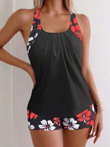 Floral Print Spaghetti Strap Backless Tankini Swimwear Set, Casual Sexy Beach Outfit, Medium Stretch Vacation Black - Black - View 1