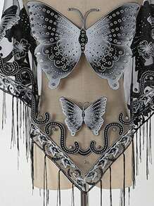 1條女款蕾絲蝴蝶印花三角巾,空心設計並配有流蘇,適用於日常穿搭,甜美韓式時尚 - 黑色 - 查看 4